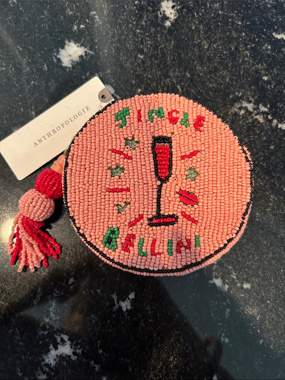 Anthropologie Coral Beaded 'Sip Chic Bellini' Round Pouch with Tassel